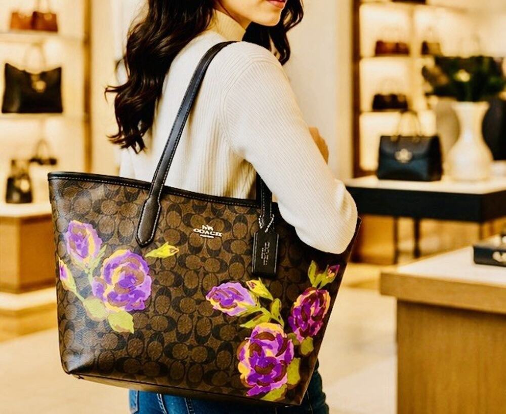 Authentic Coach City Tote In Signature Brown Canvas With Floral Rose Print CL420